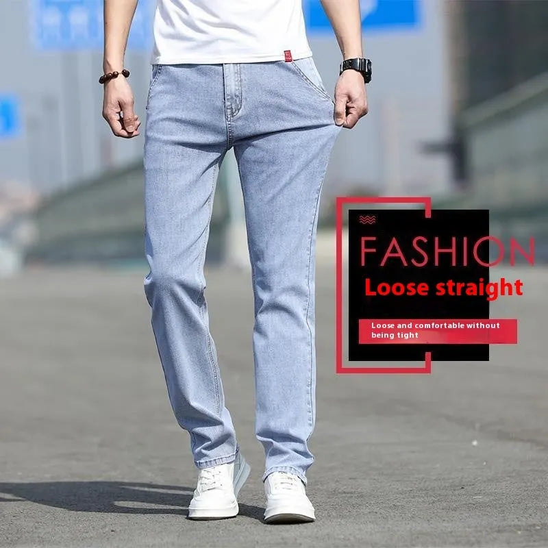 Men's straight leg jeans in smoky grey high elasticity fabric with zip fly closure