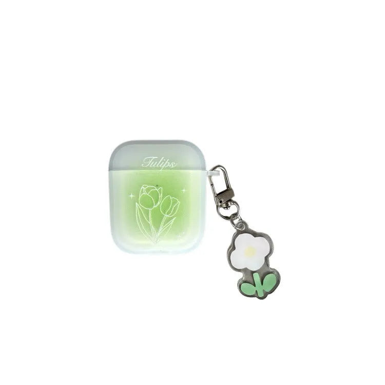 Transparent green tulip embossed TPU earphone cover for Apple AirPods case