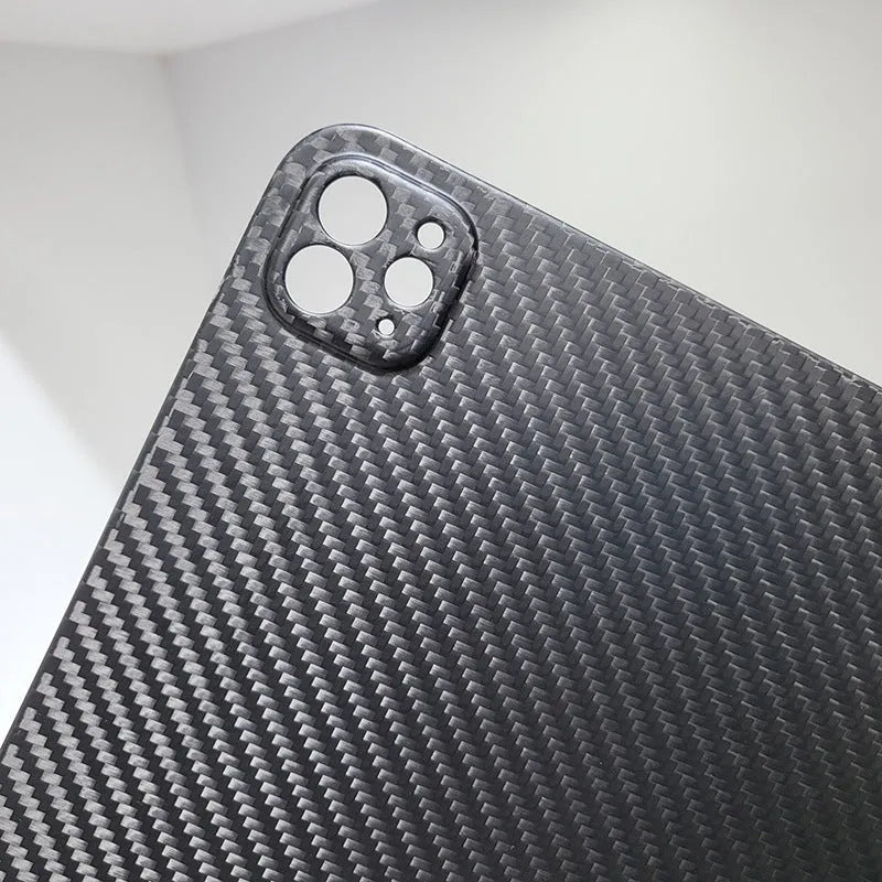 Carbon fibre hard protective case for iPad Pro 11 showing plaid weave pattern in a choice of three finishes.