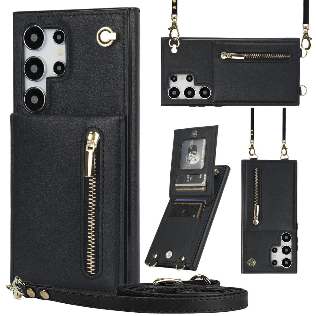 Samsung phone case with card holder slot, kickstand bracket, and crossbody zipper in black PU leather.