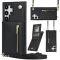 Samsung phone case with card holder slot, kickstand bracket, and crossbody zipper in black PU leather.