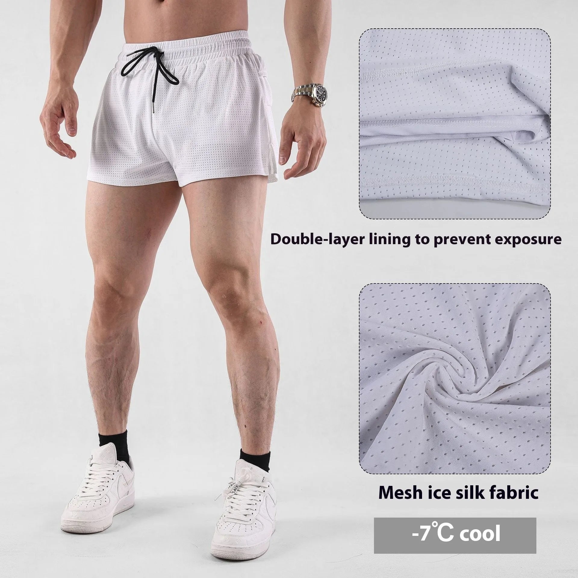 Men's white and black quick-drying nylon shorts for summer sports.