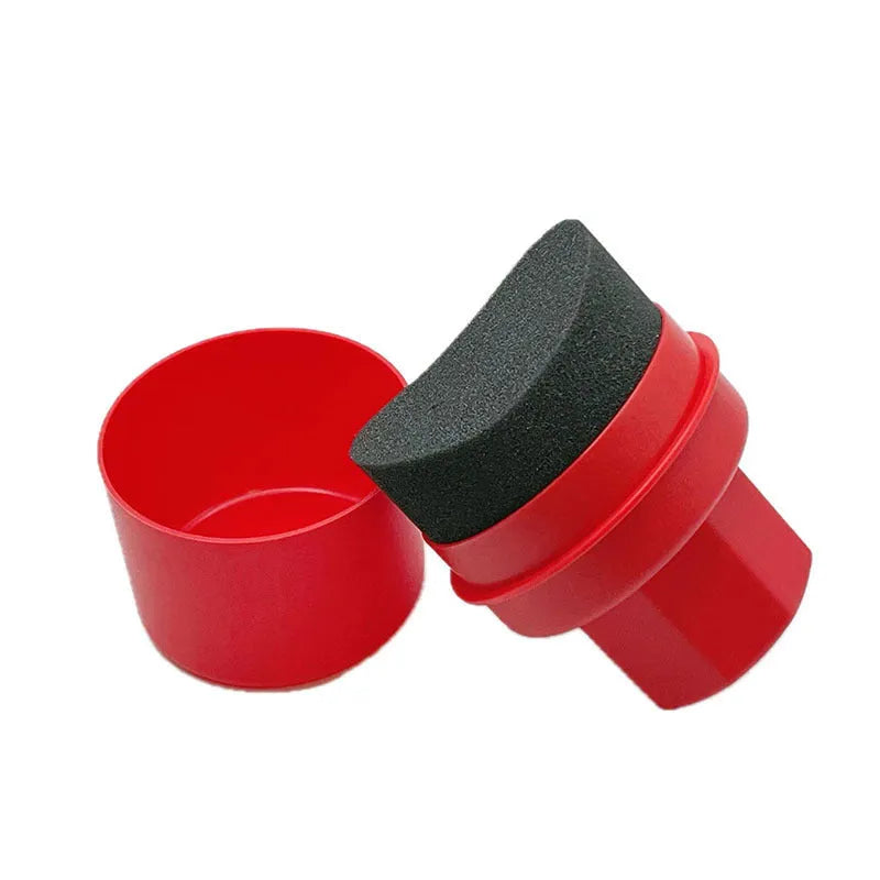 Black car tyre polishing sponge brush with handle and lid, showing dense sponge for applying tyre dressing.
