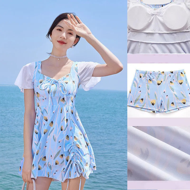 Women's sea salt blue floral one-piece swimsuit for swimming and hot springs