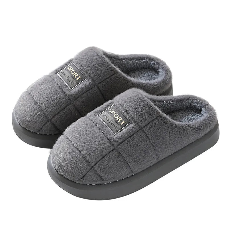 Men's grey plaid rabbit hair slippers with artificial wool lining and flat EVA sole