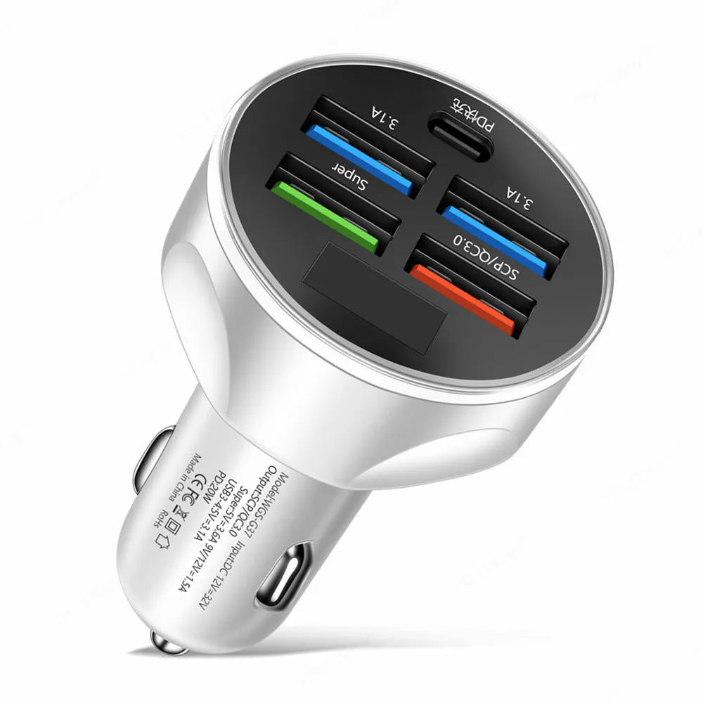 Black five-in-one car charger with digital display and multiple USB ports in a vehicle socket