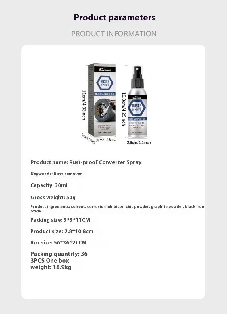 Anti rust conversion agent spray 30ml in black bottle for automobile hub treatment