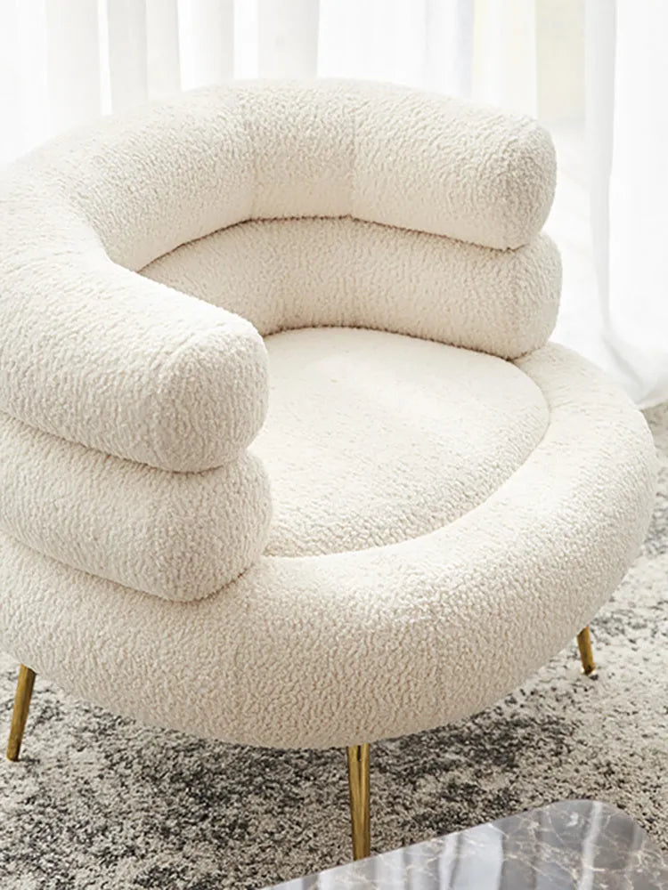 Nordic light luxury hot dog sofa chair in white cloth upholstery with art pattern, suitable for balcony or dressing room