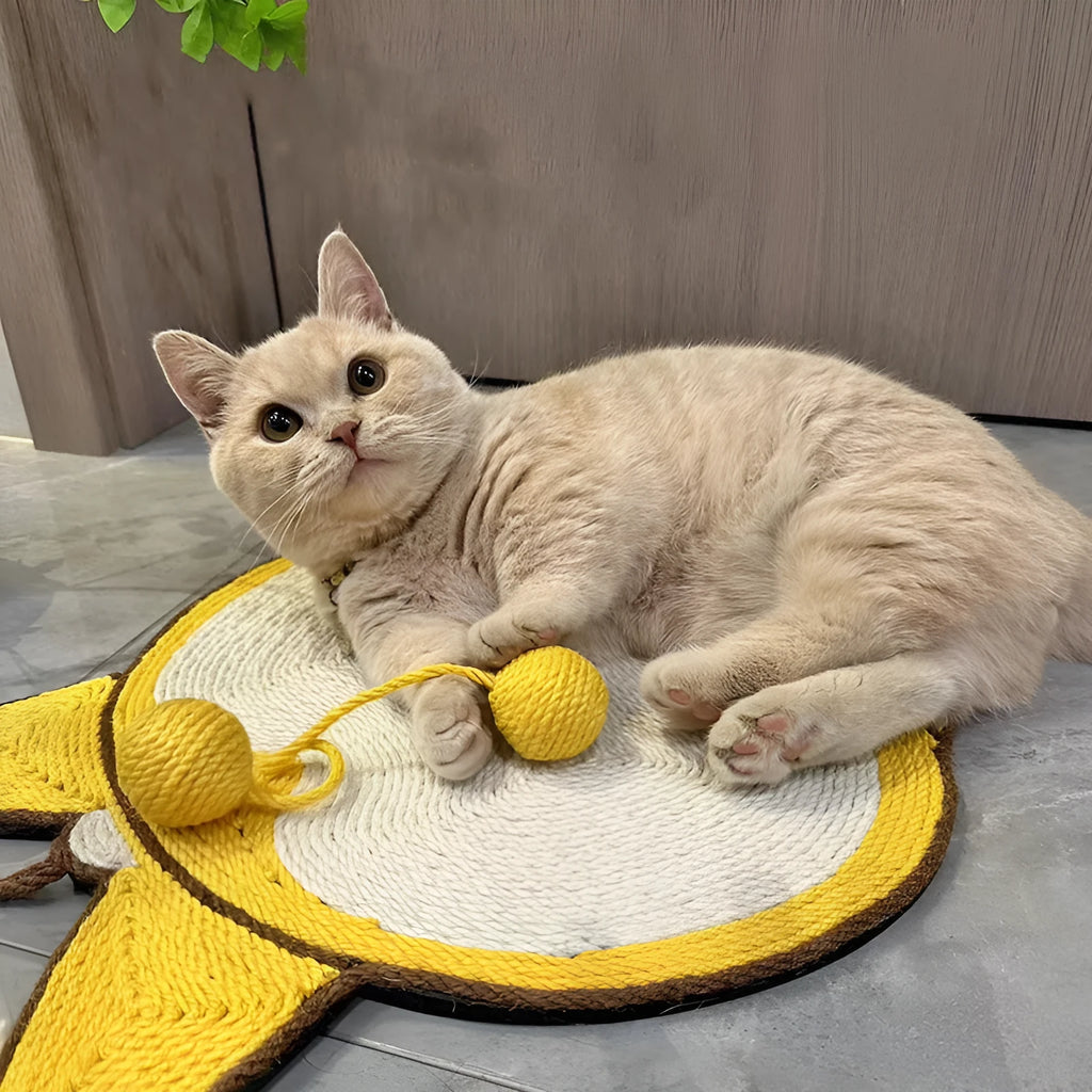 Yellow sisal cat scratch pad with corgi butt design on anti-slip base, 37cm by 40cm
