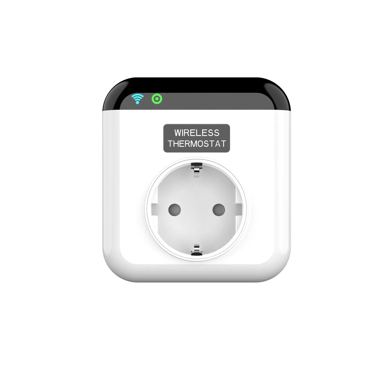 White smart socket with European 2-pin plug showing thermostatic and voice control functionality