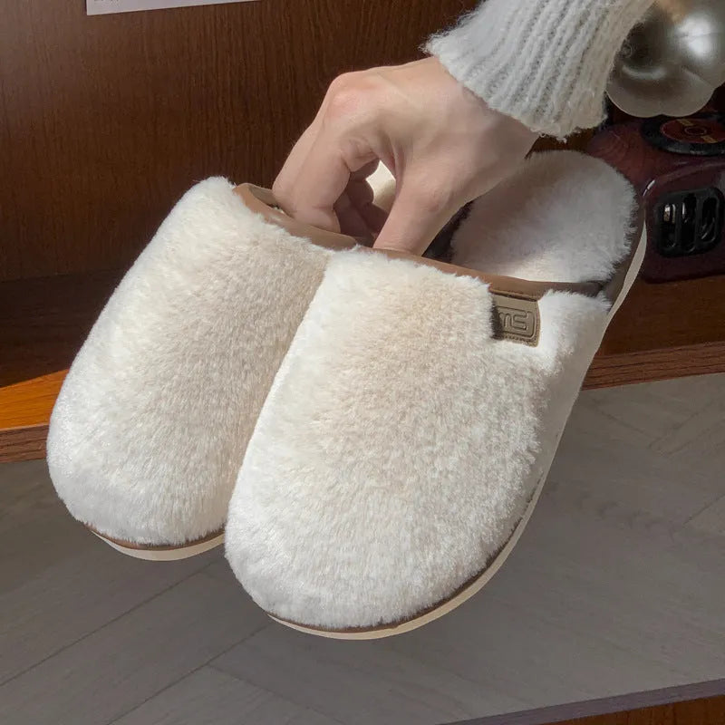 Solid colour PVC plush slippers with non-slip soles and cat stitching detail