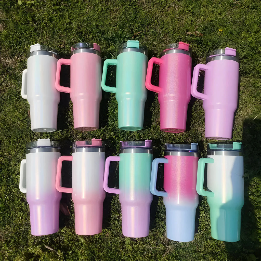 Large stainless steel vacuum insulation cup with gradient colour finish showing 1L capacity dimensions