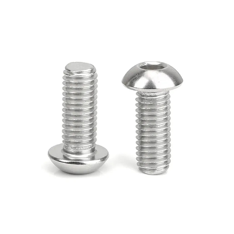 Stainless steel half round head pan head screw with hex socket drive, shown with a scale indicating 16mm head diameter.