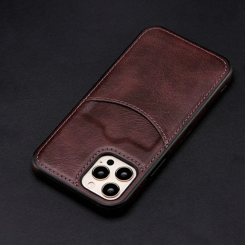 Dark blue PU leather protective case fitted on an iPhone showing precise button and port cutouts.
