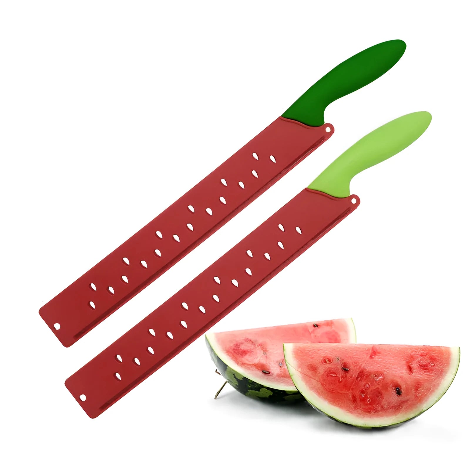 Stainless steel watermelon cutter with long blade and alloy handle on white background