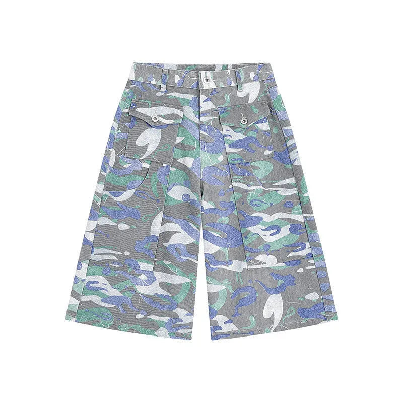 Women's camouflage denim trousers with cargo pockets and cropped straight leg design
