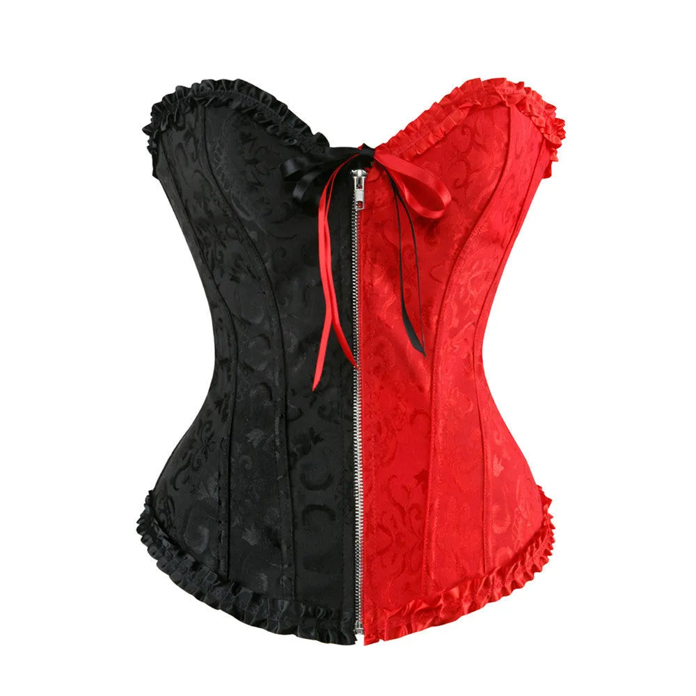 Women's black and red jacquard pattern corset with a front zipper fastening.