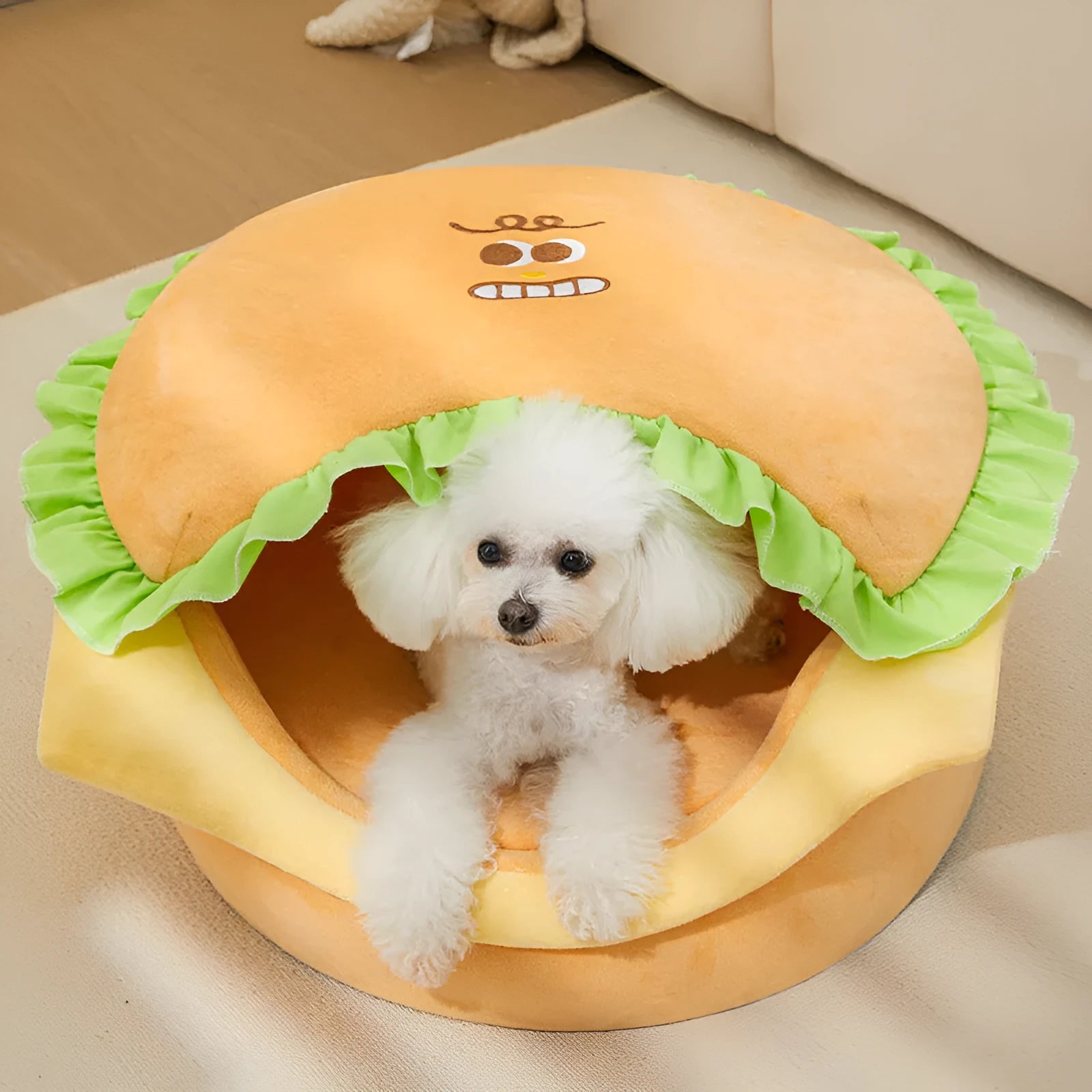 Grey and beige indoor cat kennel with a removable roof, shown with a reversible cushion inside.