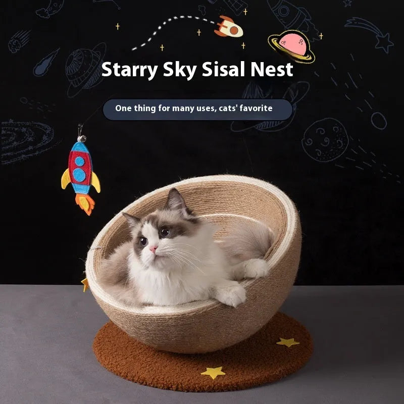 Large integrated cat scratching basin nest with sisal rope posts and flannel lining in starlight sisal colour.