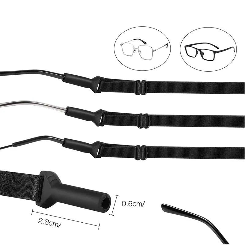 Black adjustable glasses cord with silicone earpiece attachments for anti-slip eyewear security