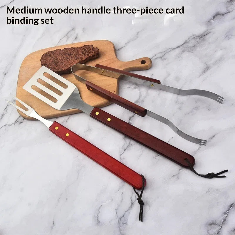 BBQ tool set with stainless steel shovel, fork and tongs with wooden handles