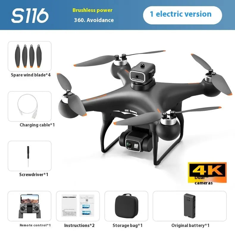 Black HD and White HD coloured brushless UAV drone with four-side obstacle avoidance and dual cameras, showing remote control.