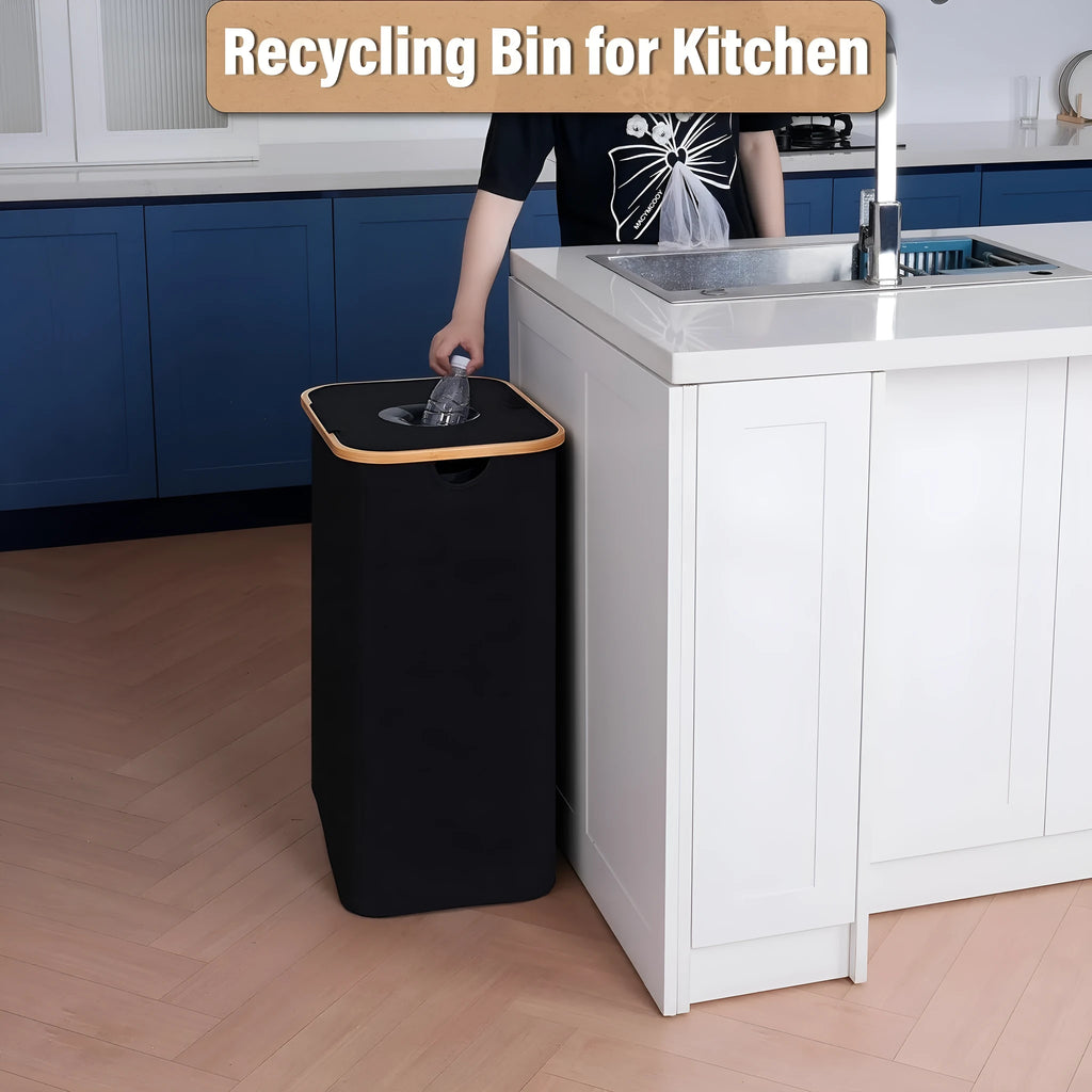 Black bamboo pattern fabric storage basket with removable lid, ventilation holes, and dual inner pockets
