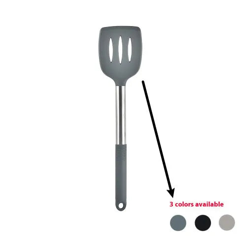 Silicone kitchen utensil set with twelve tools in a rotating white storage caddy on a counter.