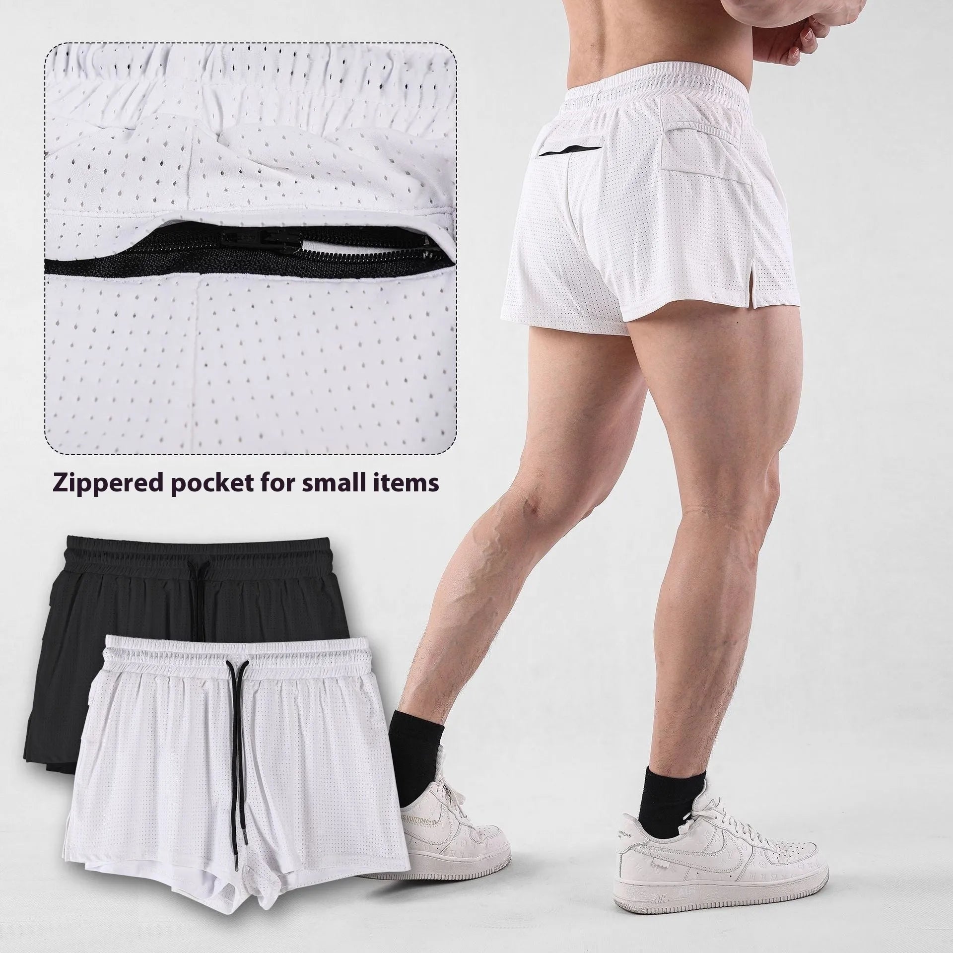 Men's white and black quick-drying nylon shorts for summer sports.