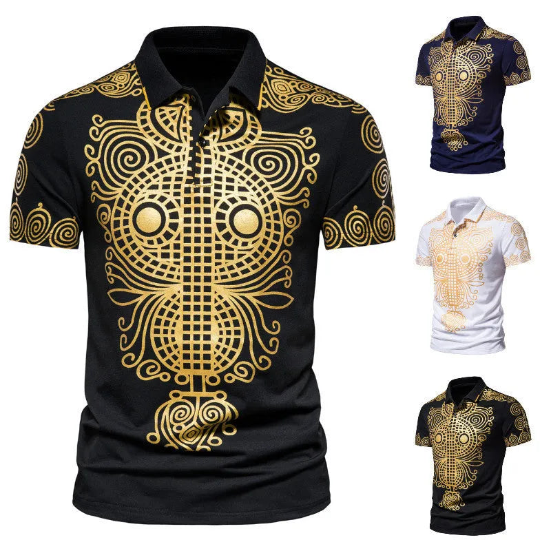 Summer men casual ethnic short-sleeved cotton shirt with lapel collar in black, loose fit, front view