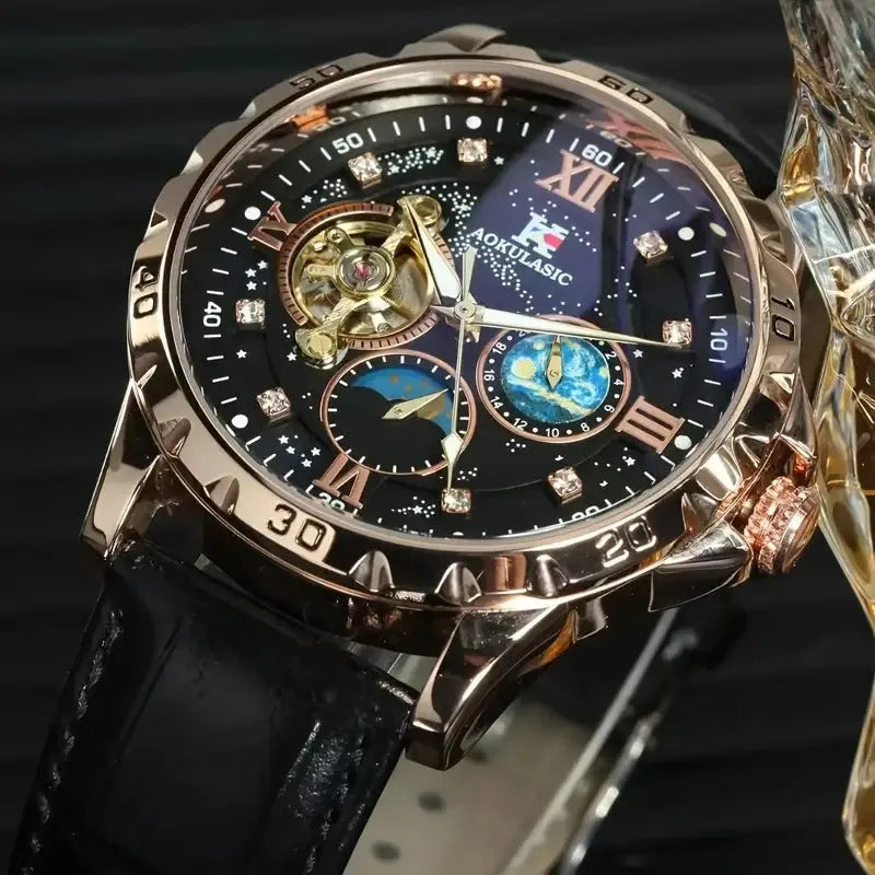 Automatic mechanical watch with large hollow dial and black leather strap on rose gold case