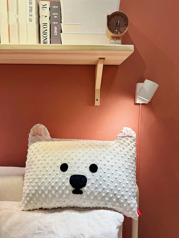 Rectangular grey schnauzer pattern dog pillow on a sofa, showing dimensions of 50 cm by 35 cm.