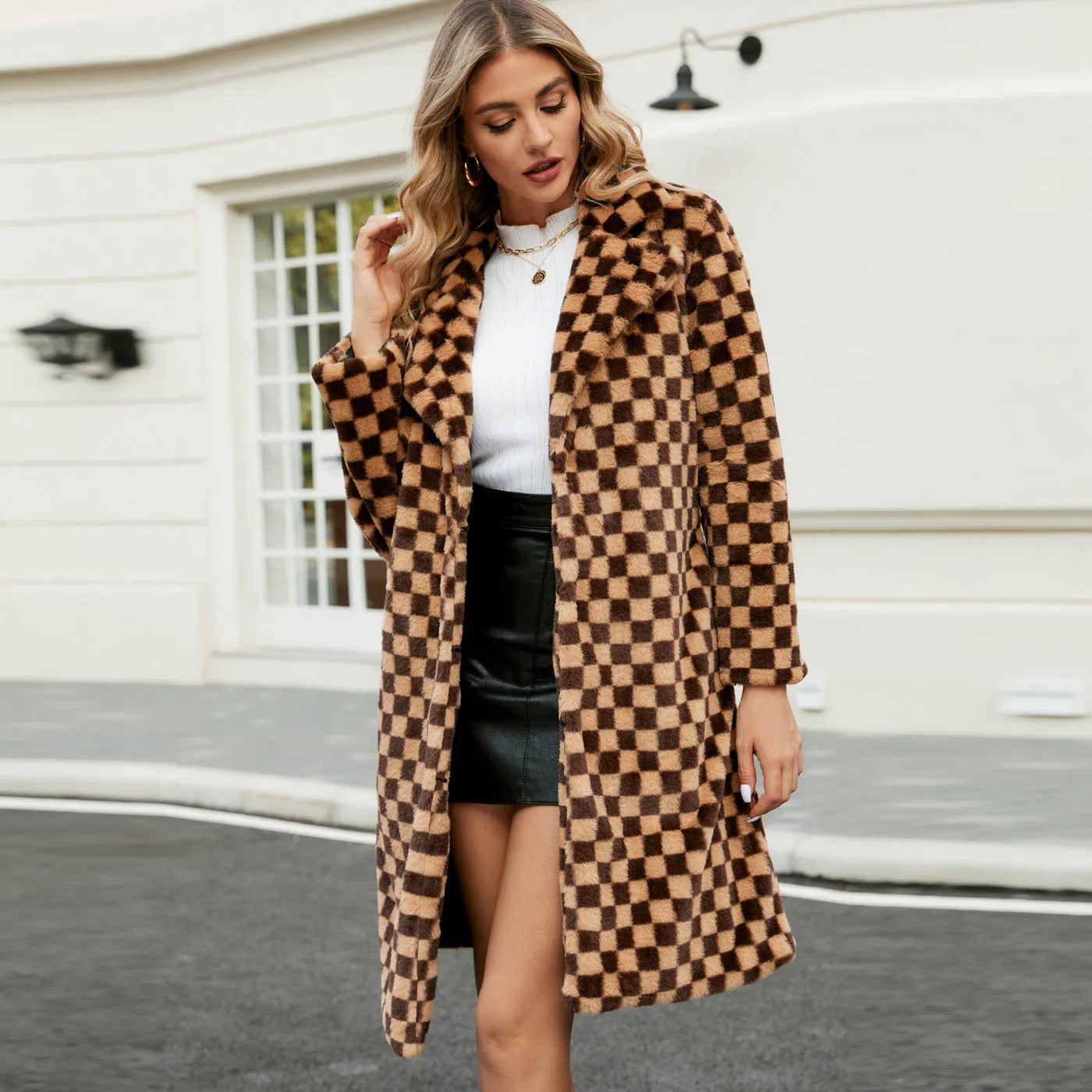 Women's mid-length plush coat in brown plaid artificial fur with loose fit and conventional sleeves