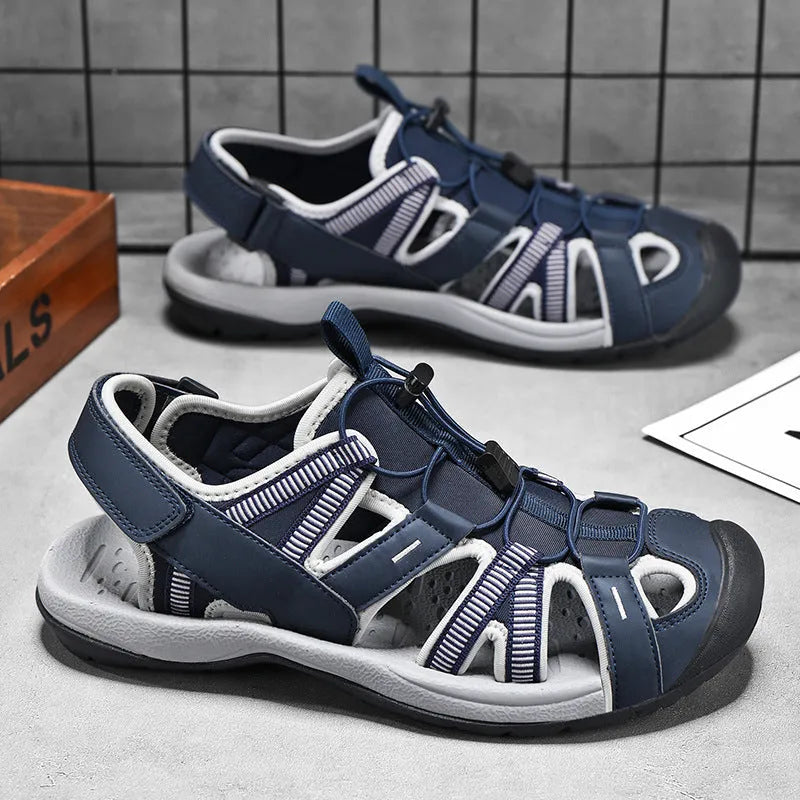Men's blue and black casual sports shoes with Velcro strap and mesh upper on a rubber sole.