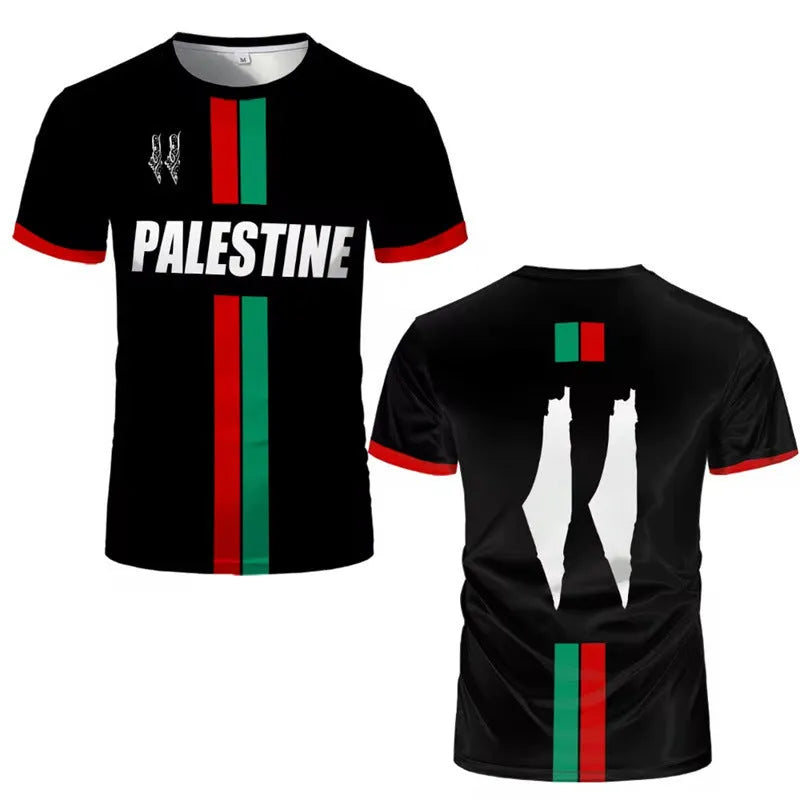Black 3D printed football T-shirt with raised pattern on spandex fabric, showing half-sleeve street fashion design