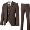 Men's herringbone pattern slim three-piece suit in dark gray with jacket, vest, and trousers