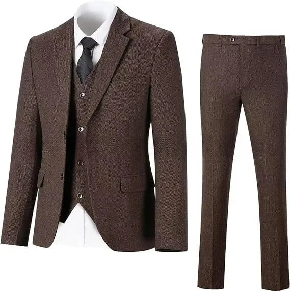 Men's herringbone pattern slim three-piece suit in dark gray with jacket, vest, and trousers