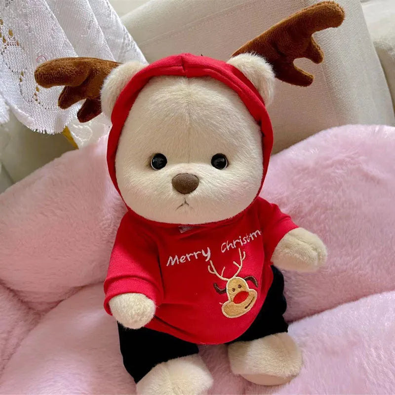 30cm Momo bear plush doll wearing a red plaid dress Christmas costume set with cloak