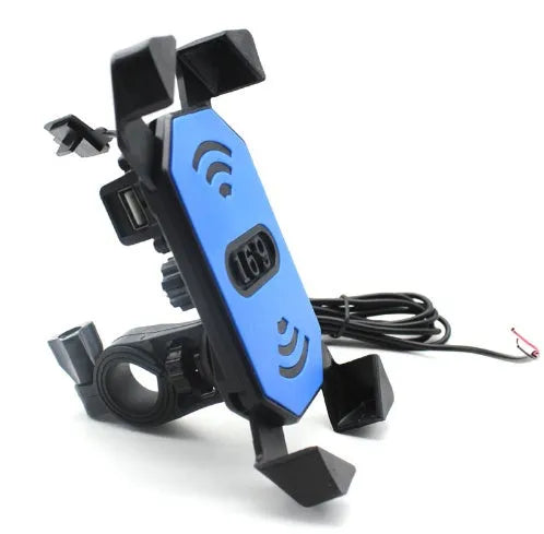 Black ABS motorcycle phone holder with USB port mounted on a handlebar, showing phone clamp and charging cable.