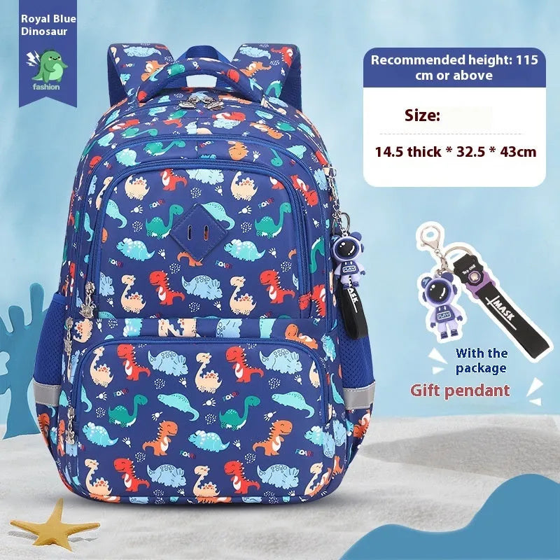 Children's waterproof Oxford cloth school backpack in dinosaur pattern with curved shoulder straps
