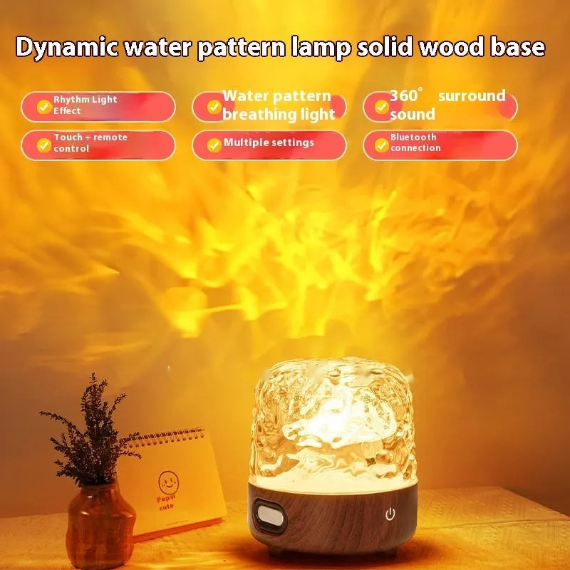 Dynamic Water Ripple Bluetooth walnut bedside table lamp with planet-shaped shade and 16 colour lights
