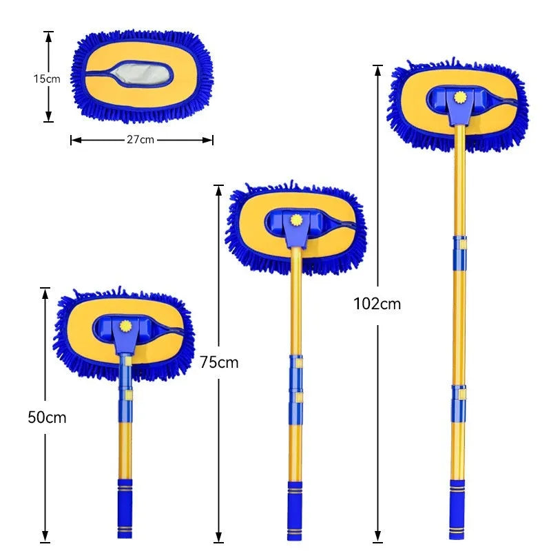 Telescopic curved rod car cleaning brush with aluminium chenille head, shown with a spare brush head, in blue and yellow colours.
