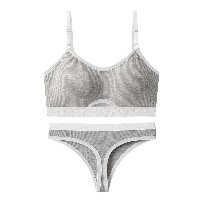 Beauty back sports bra and briefs set in contrasting colour with moulded cup and fixed shoulder straps.