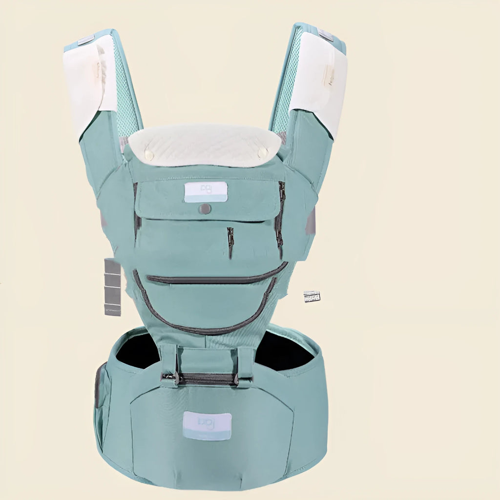 Breathable baby waist stool in mint green with shoulder strap and hip seat