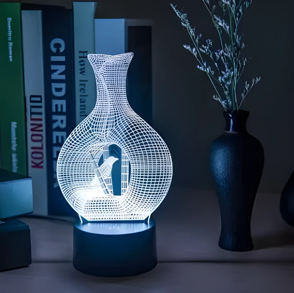 3D acrylic LED night light with colour-changing display on a black ABS base.