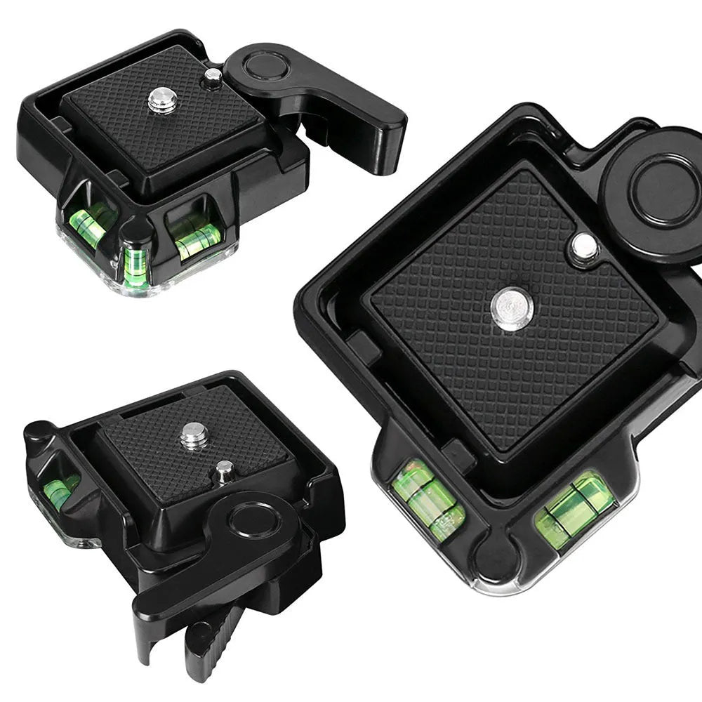 Black quick release tripod mount adapter with metal plate and base for cameras and iPhones