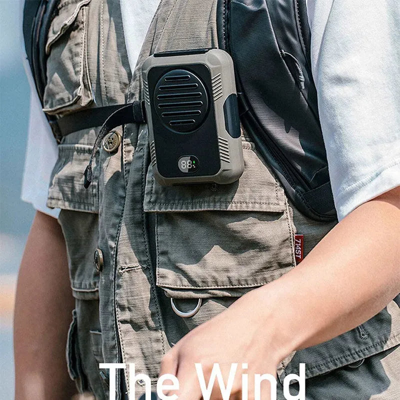 Green leaf-less waist hanging fan with USB charging port for outdoor sports