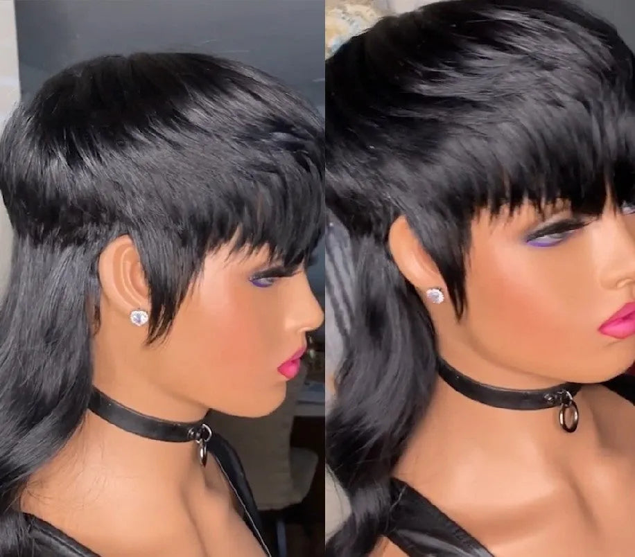 Black Brazilian synthetic wig with fringe bangs and long back layers.
