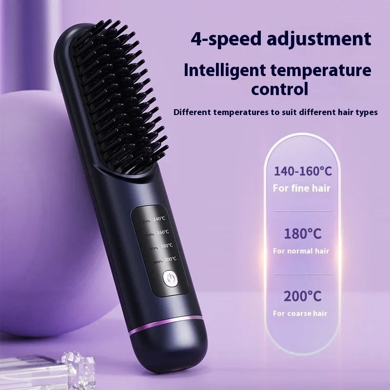 Portable charging negative ion hair comb in blue, grey, or white, showing teeth and sleek ABS plastic body.