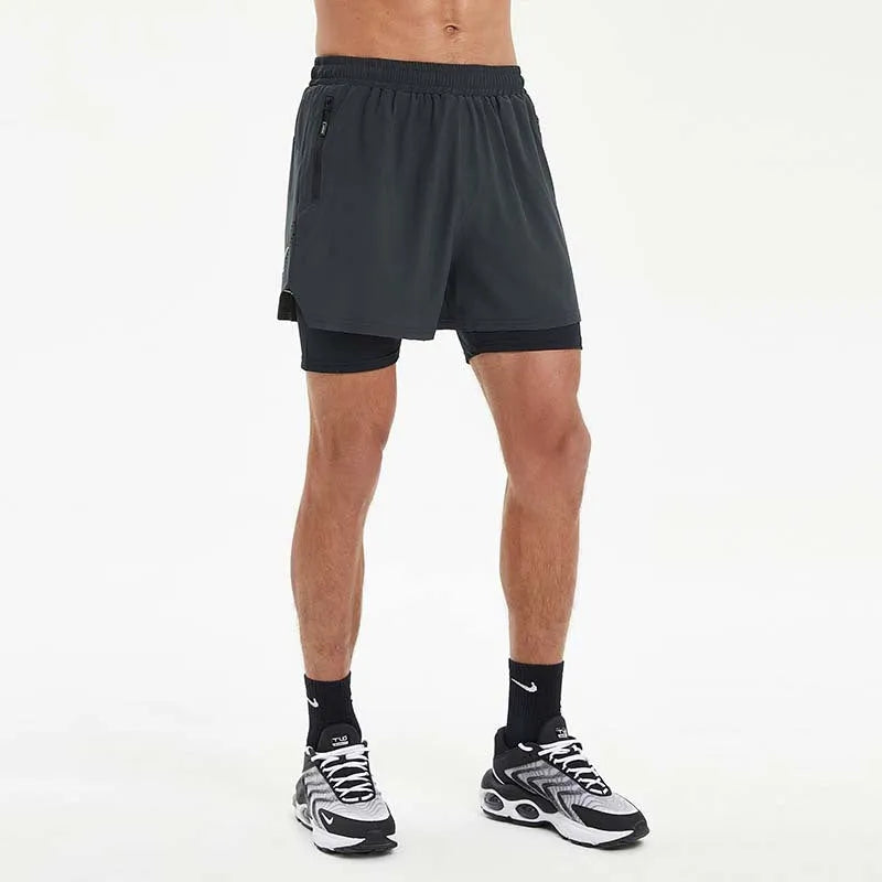Men's black double-layer sports shorts with built-in liner for running and fitness activities